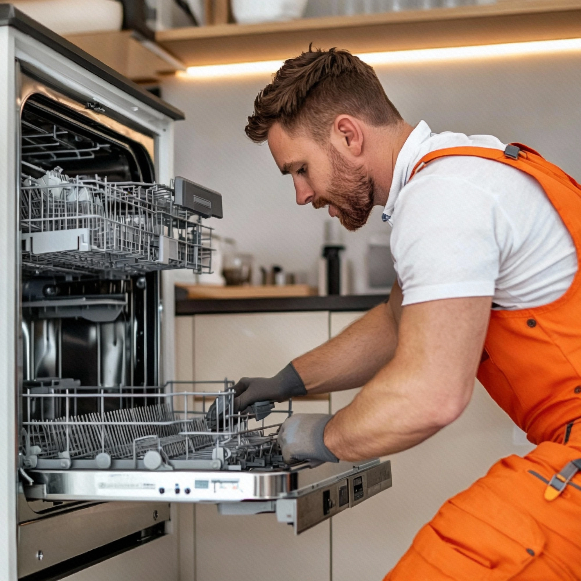 Professional appliance repair technician repairing a dishwasher – Appliance Pro Dallas