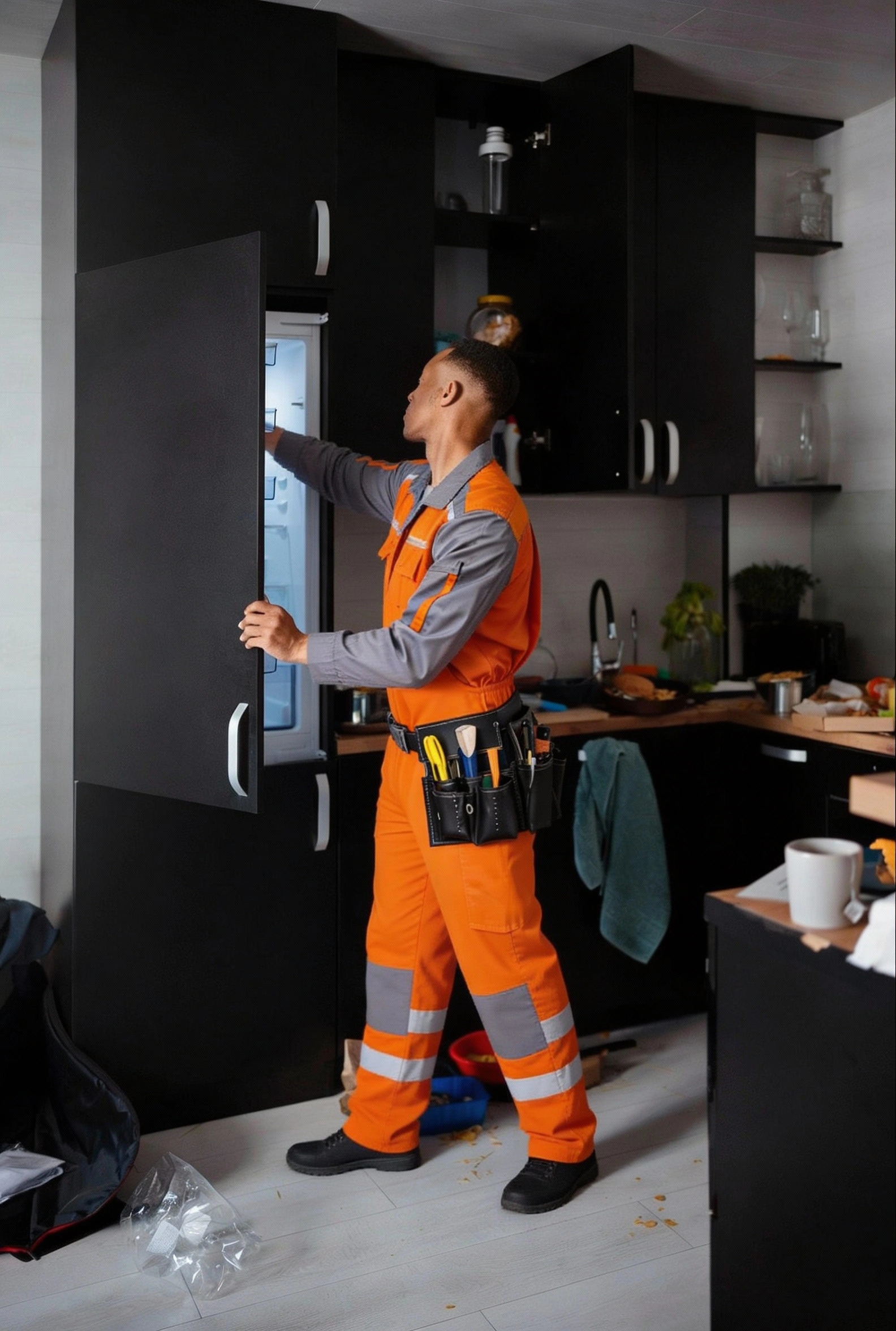 Professional appliance repair technician inspecting a refrigerator in a modern kitchen – Appliance Pro Dallas