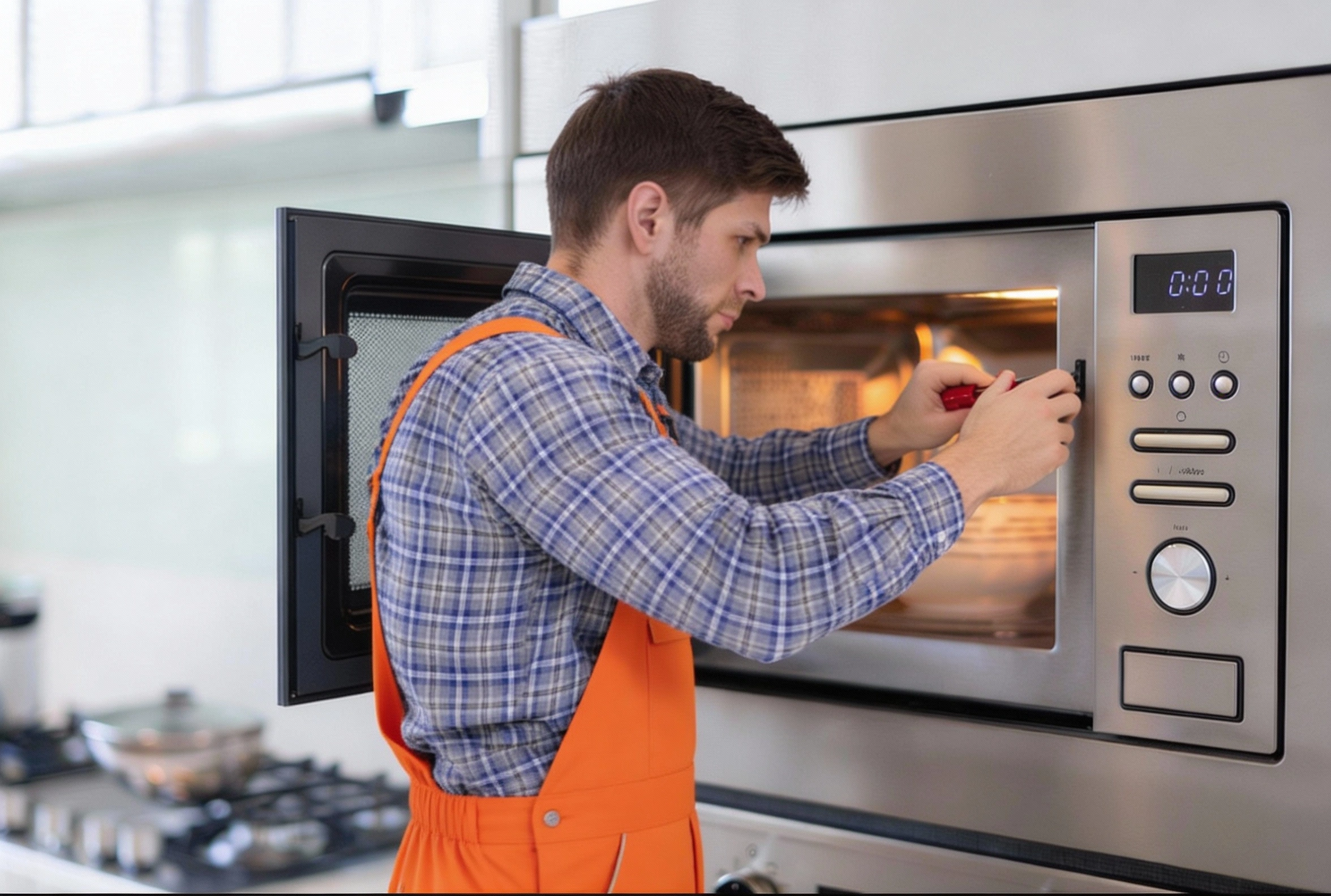 Dallas microwave repair technician inspecting control panel and door